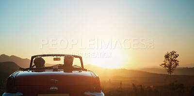 Buy stock photo Back, sunset and a senior couple on a road trip in a convertible car for travel, freedom or adventure together. Love, mockup or view of nature with an elderly man and woman in a vehicle for a drive