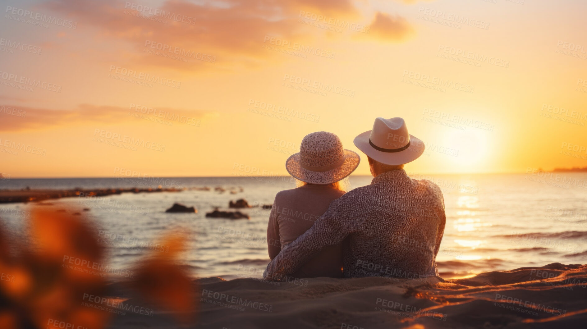 Buy stock photo Loving senior couple spending quality time after retirement or on vacation at sunset