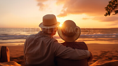 Loving senior couple spending quality time after retirement or on vacation at sunset
