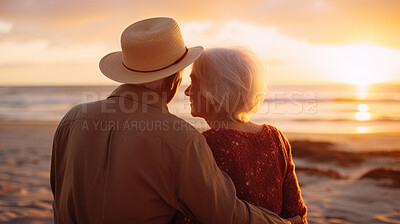 Buy stock photo Loving senior couple spending quality time after retirement or on vacation at sunset