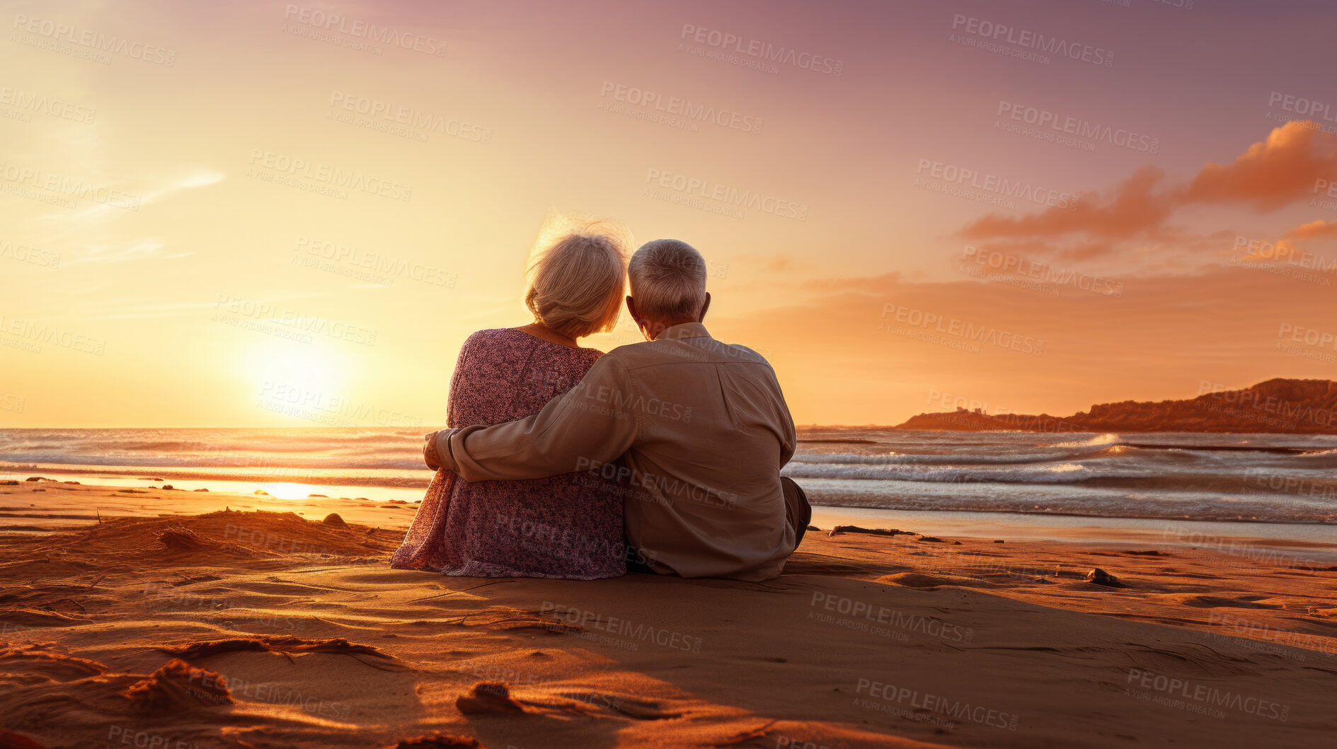 Buy stock photo Loving senior couple spending quality time after retirement or on vacation at sunset