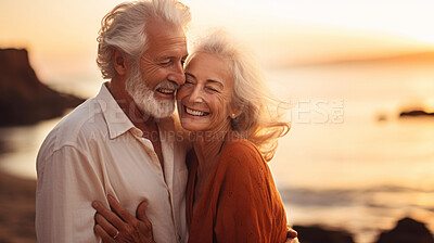 Buy stock photo Loving senior couple spending quality time after retirement or on vacation at sunset