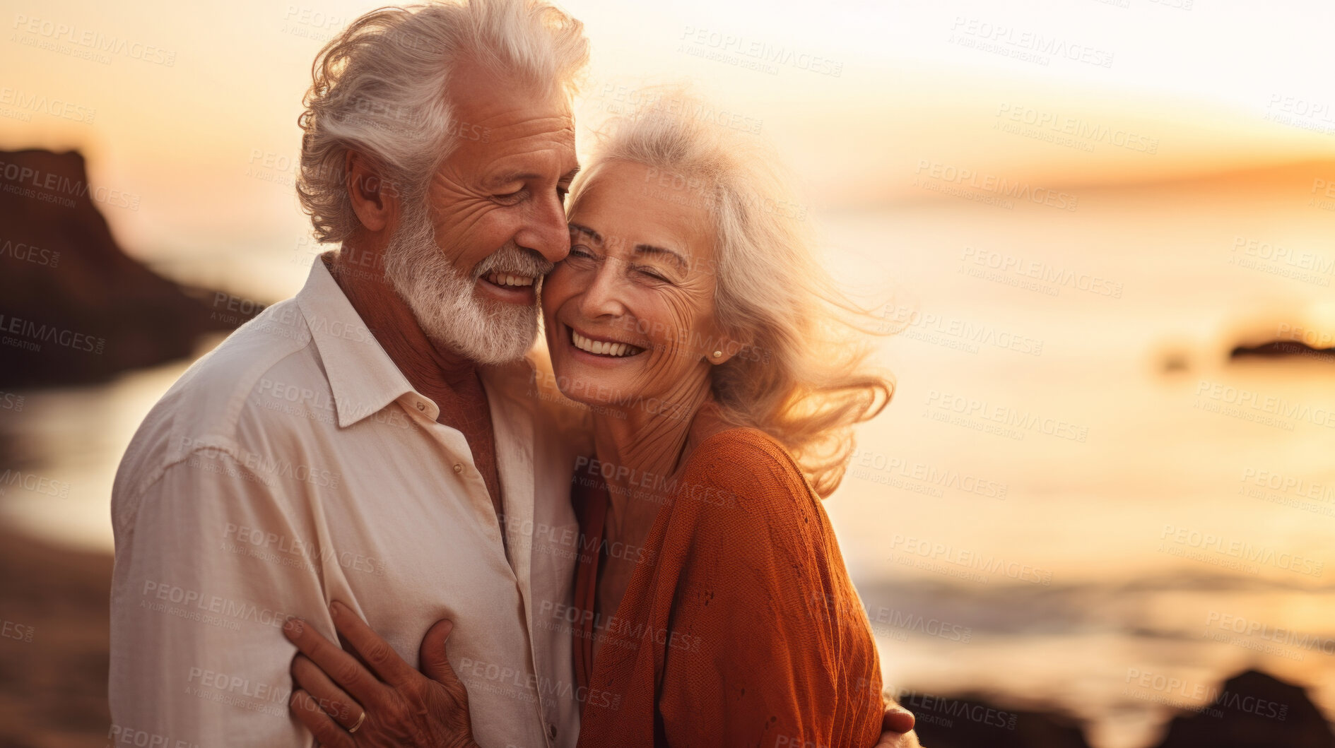 Buy stock photo Loving senior couple spending quality time after retirement or on vacation at sunset