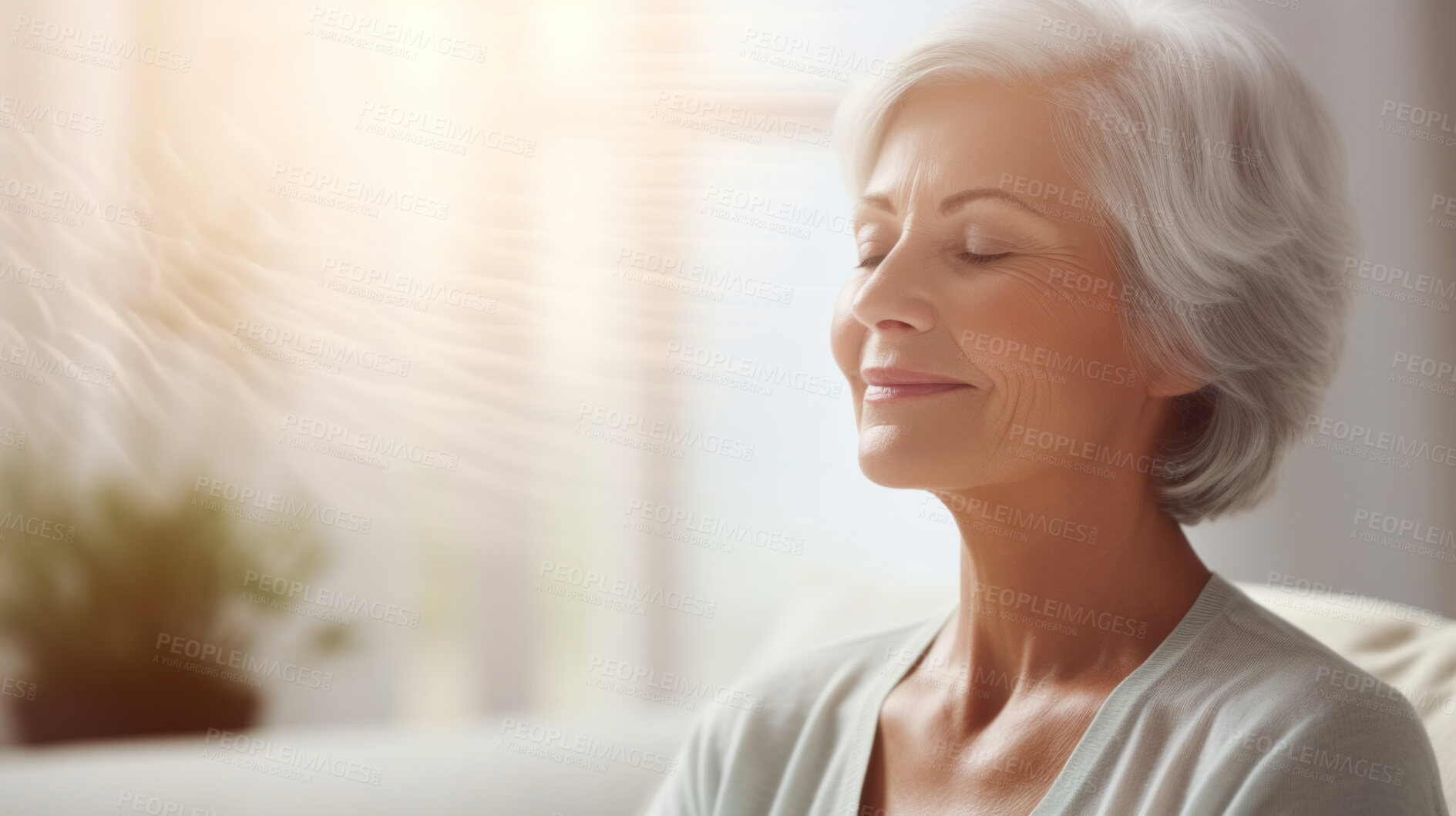 Buy stock photo Mature senior woman practice guided meditation for mental health problems and peace