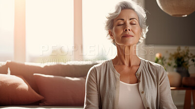 Mature senior woman practice guided meditation for mental health problems and peace