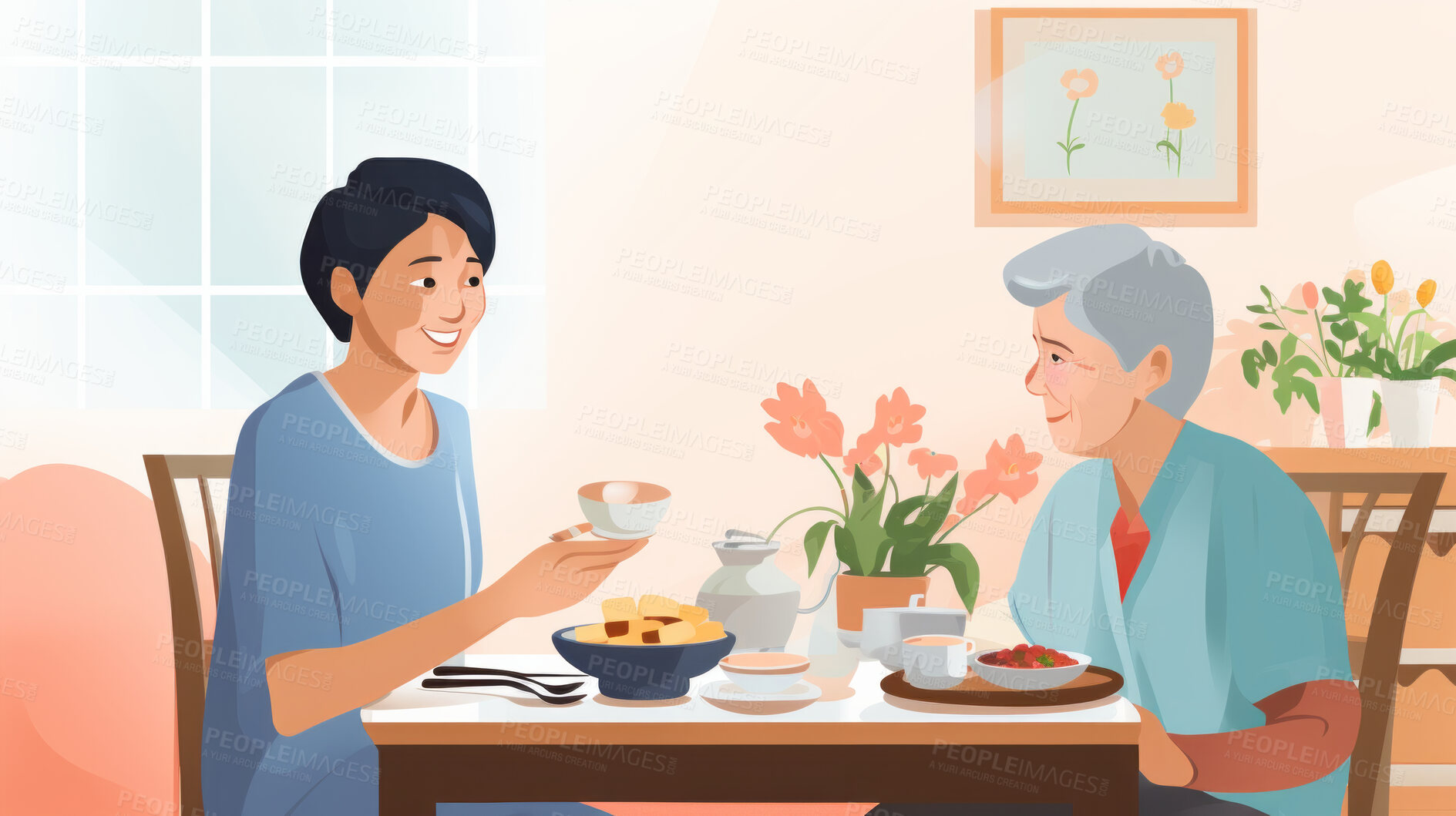 Buy stock photo Senior woman sitting and enjoying breakfast with nurse in retirement home illustration