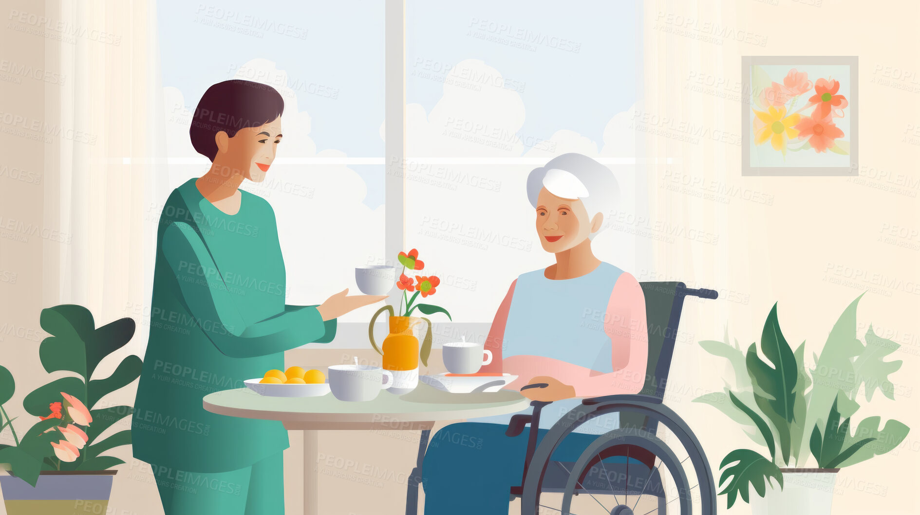 Buy stock photo Senior woman sitting and enjoying breakfast with nurse in retirement home illustration