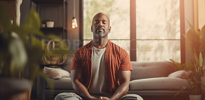 Mature senior man practice guided meditation for mental health problems and peace