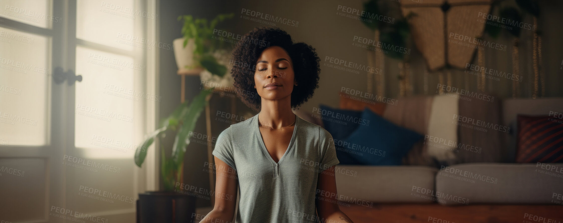 Buy stock photo Mature senior woman practice guided meditation for mental health problems and peace