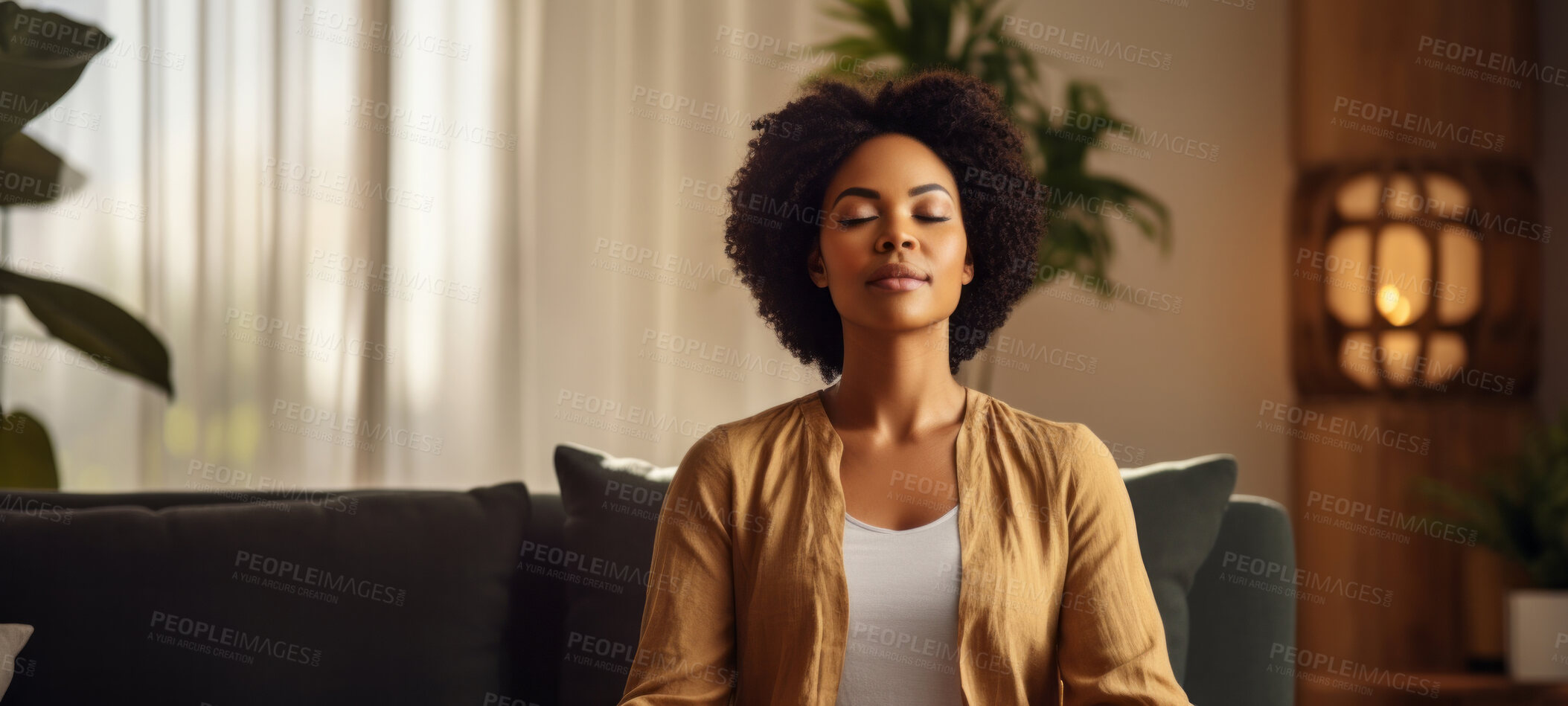 Buy stock photo Mature senior woman practice guided meditation for mental health problems and peace