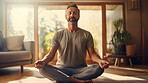 Mature senior man practice guided meditation for mental health problems and peace