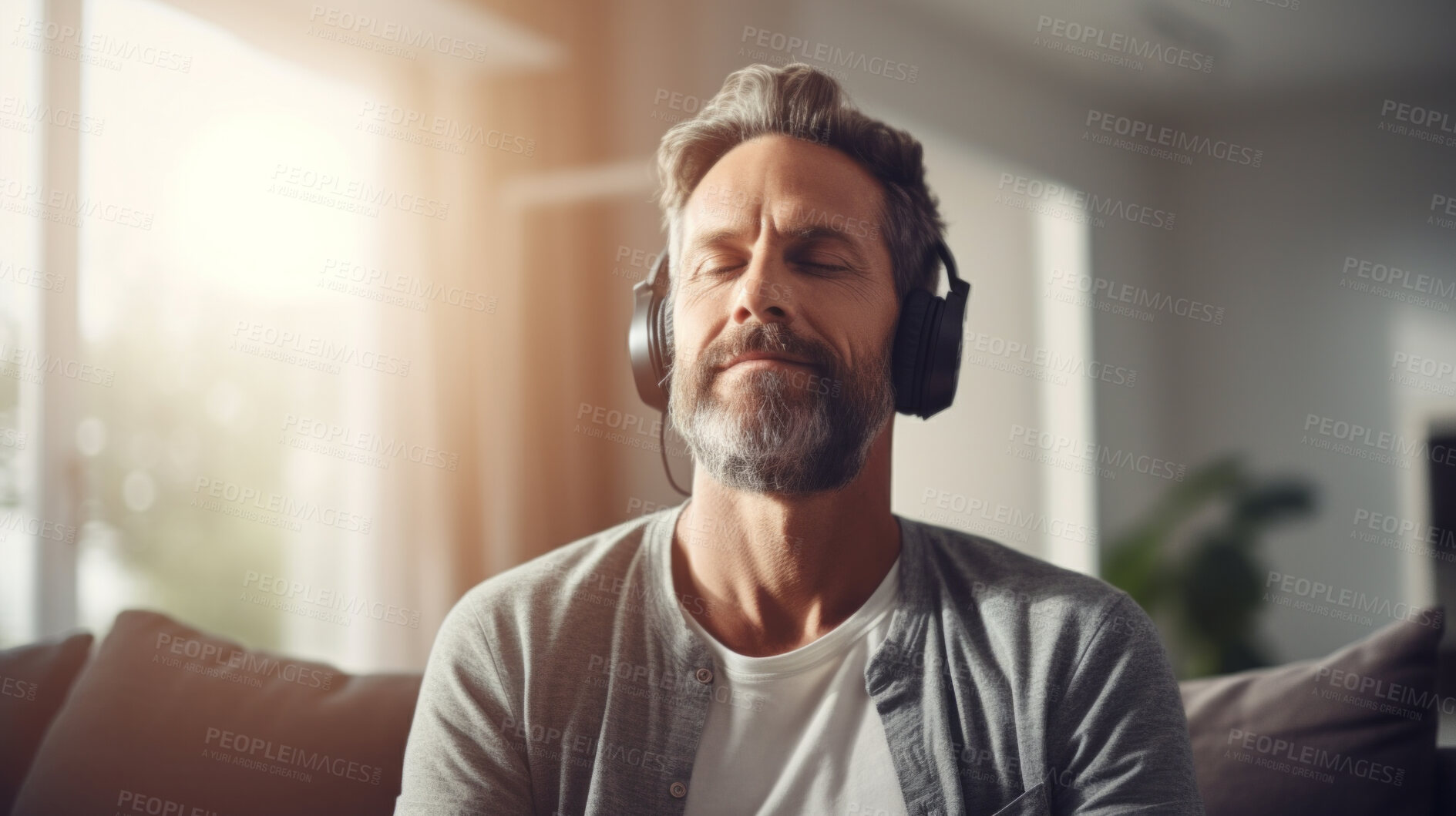 Buy stock photo Mature senior man practice guided meditation for mental health problems and peace