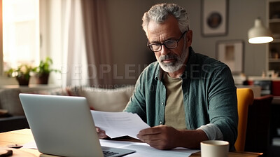 Laptop, documents and finance with a senior man busy on a budget review or pension fund