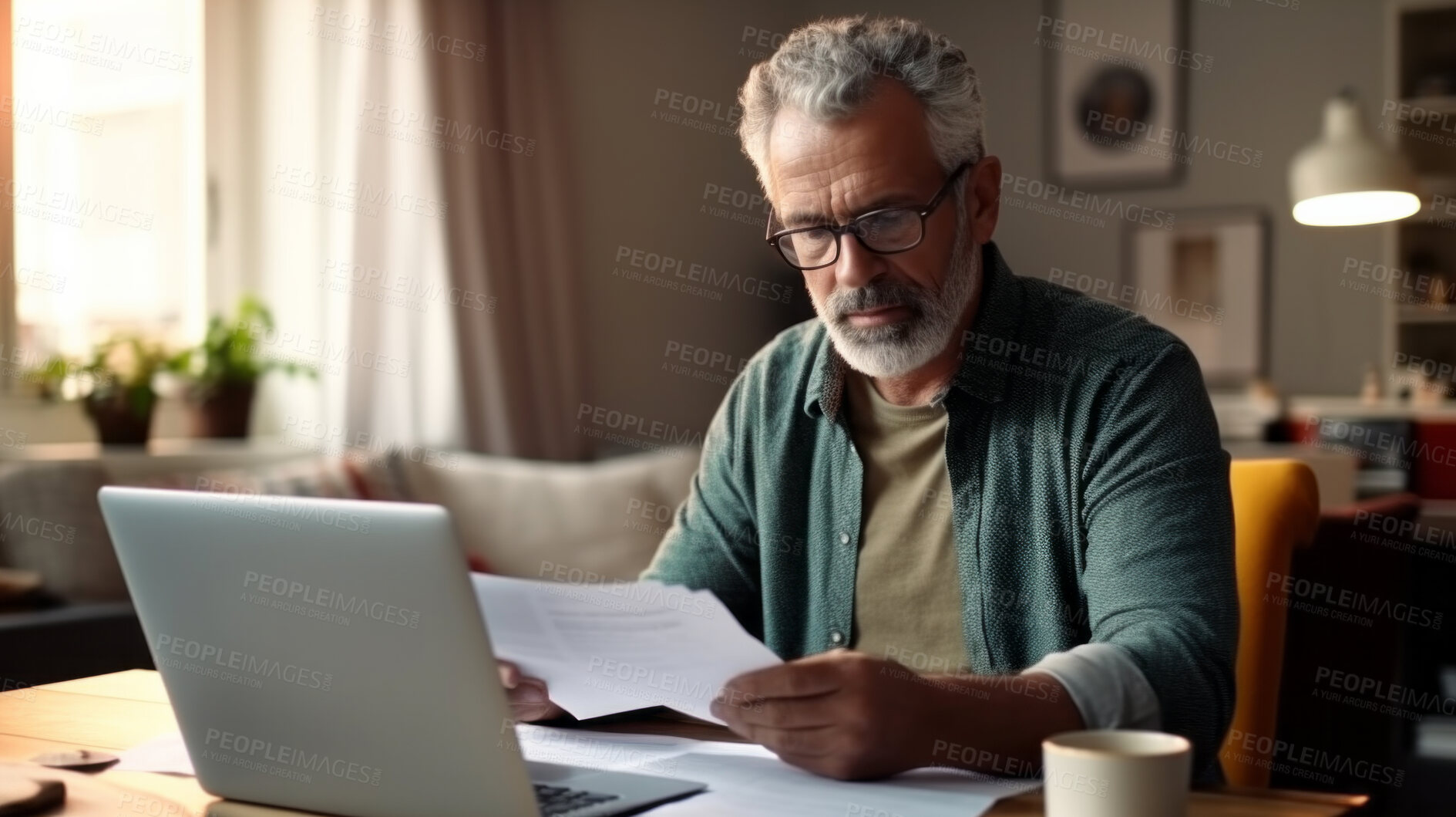 Buy stock photo Laptop, documents and finance with a senior man busy on a budget review or pension fund