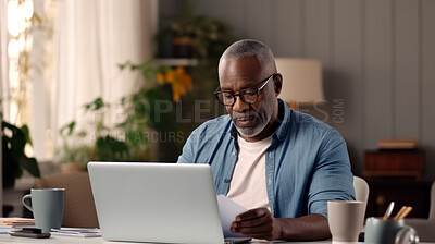 Laptop, documents and finance with a senior man busy on a budget review or pension fund