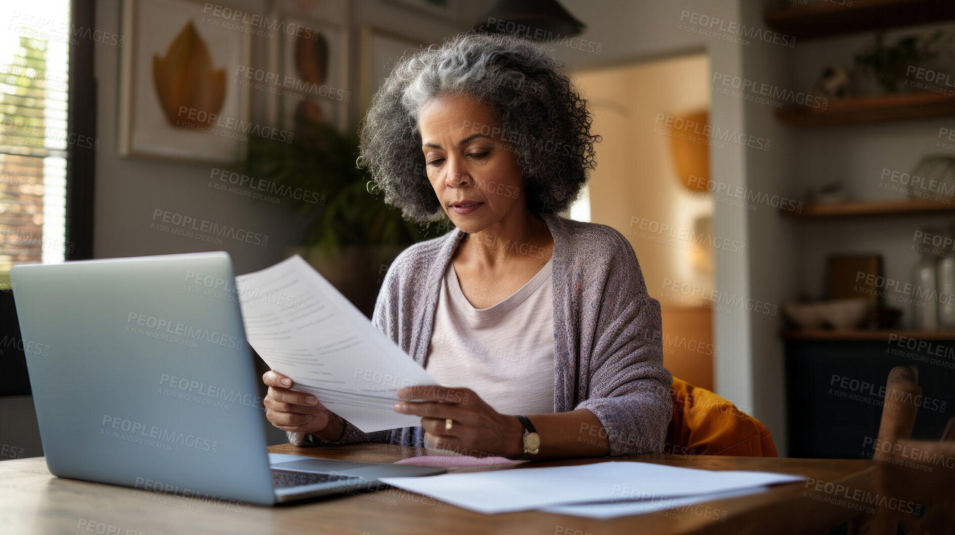 Buy stock photo Laptop, documents and finance with a senior woman busy on a budget review or pension fund