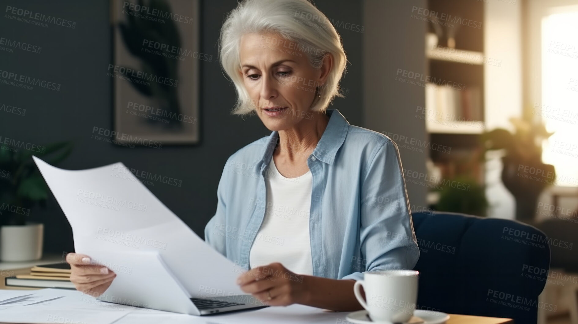 Buy stock photo Laptop, documents and finance with a senior woman busy on a budget review or pension fund