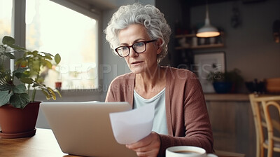 Laptop, documents and finance with a senior woman busy on a budget review or pension fund