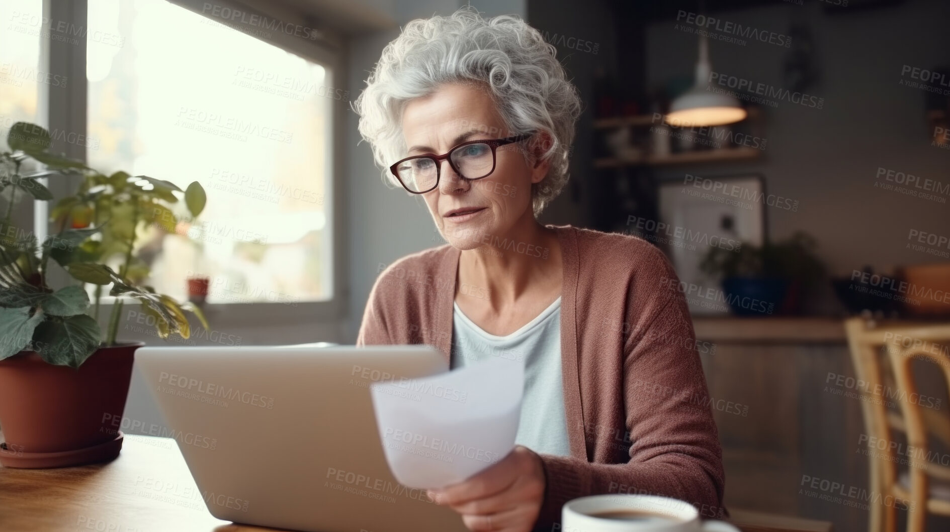 Buy stock photo Laptop, documents and finance with a senior woman busy on a budget review or pension fund