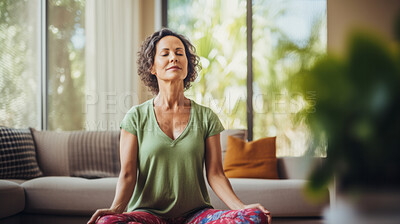 Mature senior woman practice guided meditation for mental health problems and peace