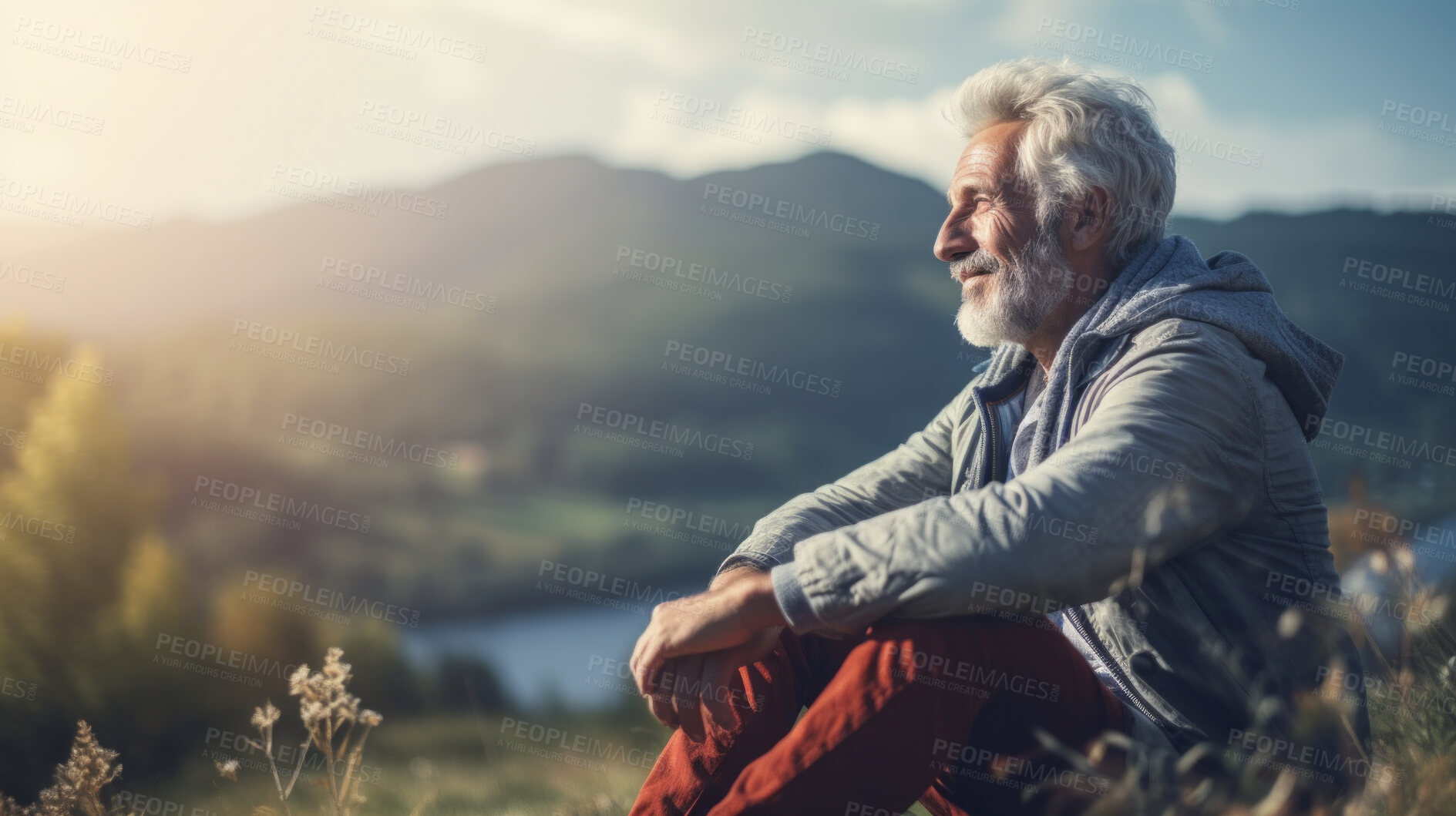Buy stock photo Mature senior man practice guided meditation for mental health problems and peace