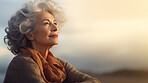 Mature senior woman practice guided meditation for mental health problems and peace