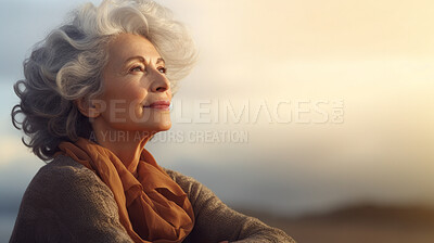 Buy stock photo Mature senior woman practice guided meditation for mental health problems and peace