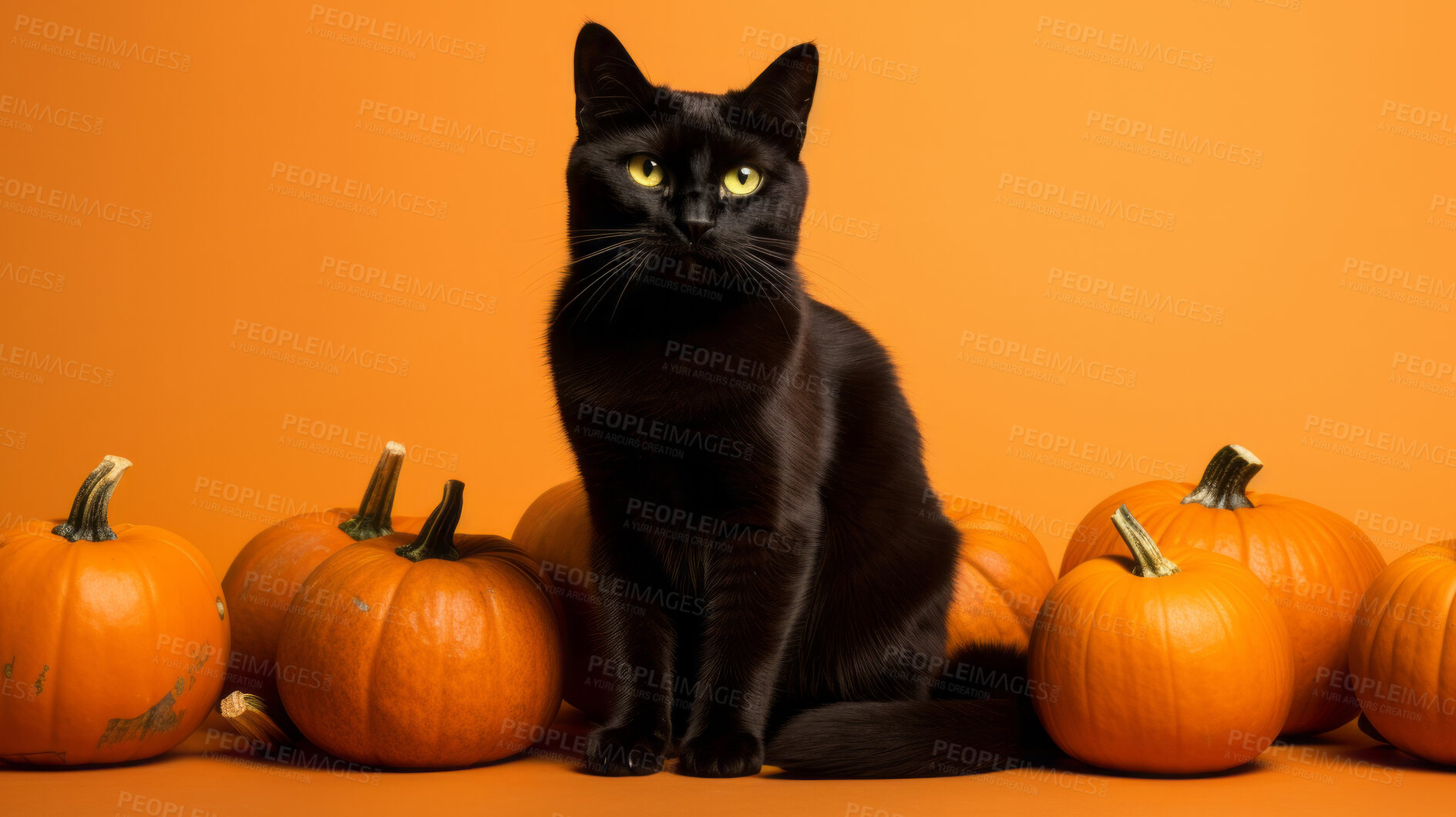 Buy stock photo Creepy black cat and pumpkins, for halloween celebration against orange wall