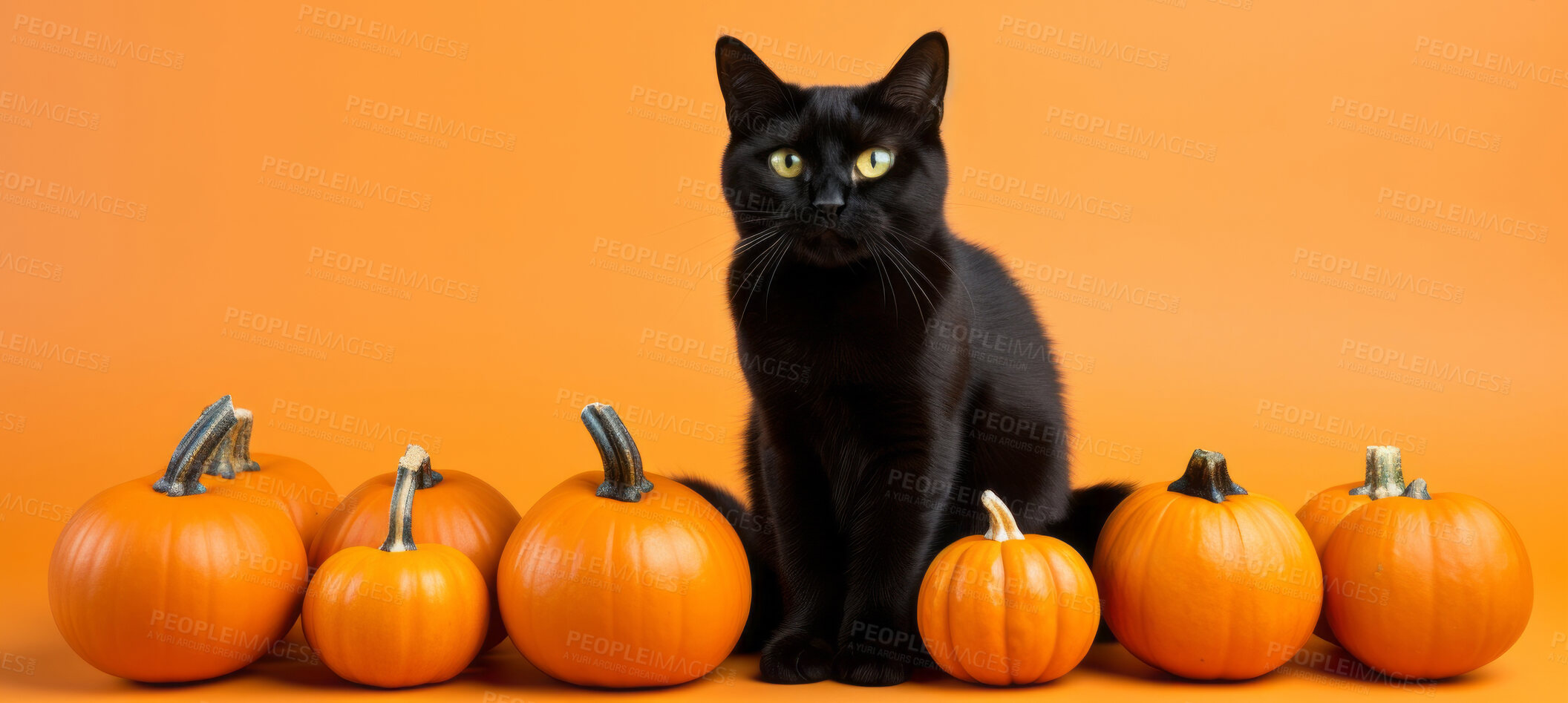 Buy stock photo Creepy black cat and pumpkins, for halloween celebration against orange wall