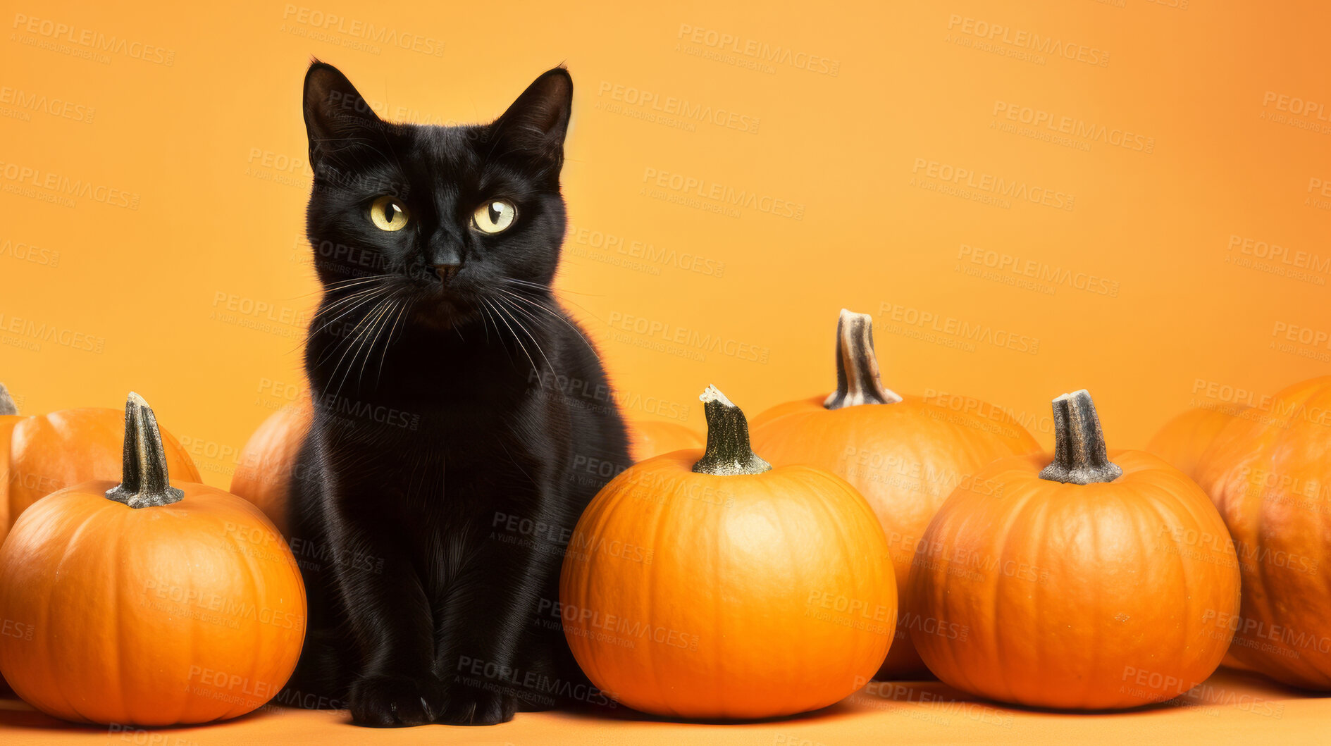 Buy stock photo Creepy black cat and pumpkins, for halloween celebration against orange wall