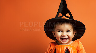 Buy stock photo Portrait of a happy toddler wearing a pumpkin costume for halloween celebration