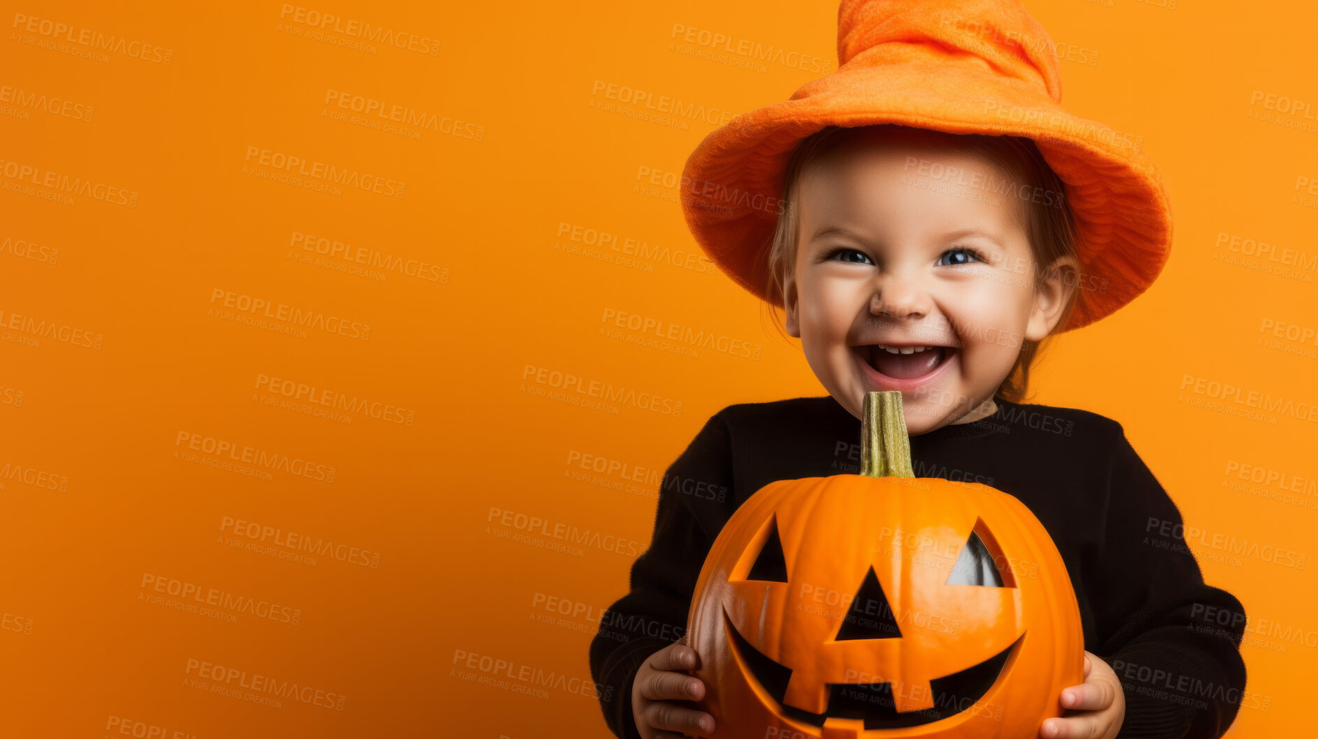 Buy stock photo Portrait of a happy toddler wearing a pumpkin costume for halloween celebration