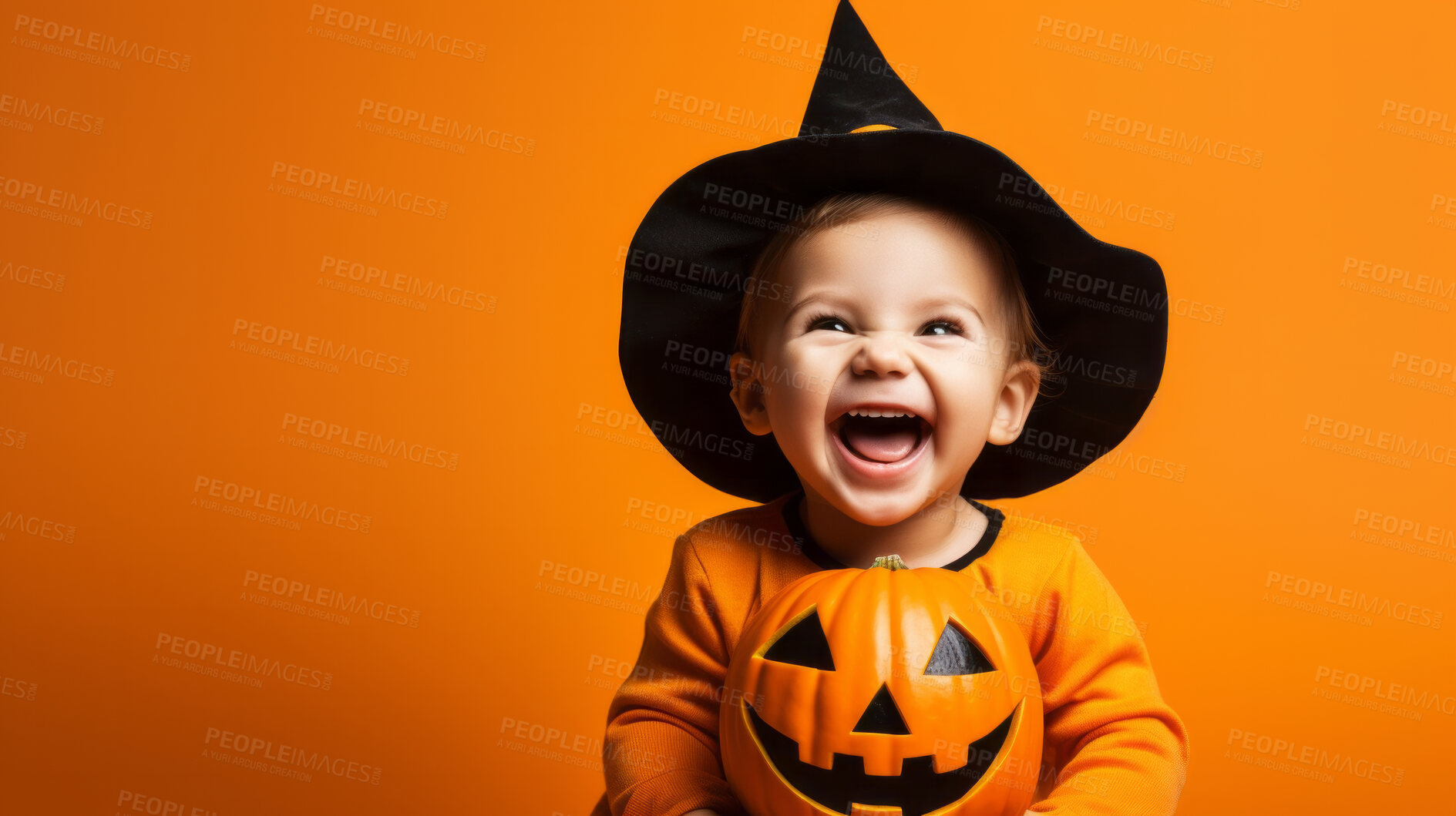 Buy stock photo Portrait of a happy toddler wearing a pumpkin costume for halloween celebration