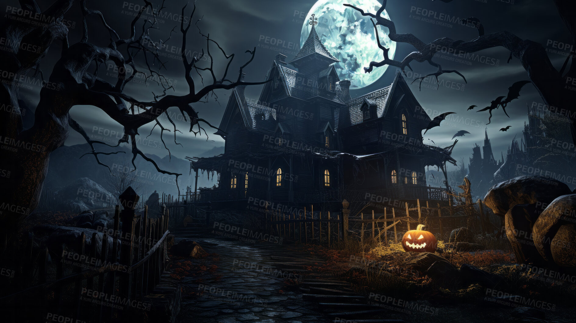 Buy stock photo Spooky halloween haunted home or village wallpaper or background for celebration