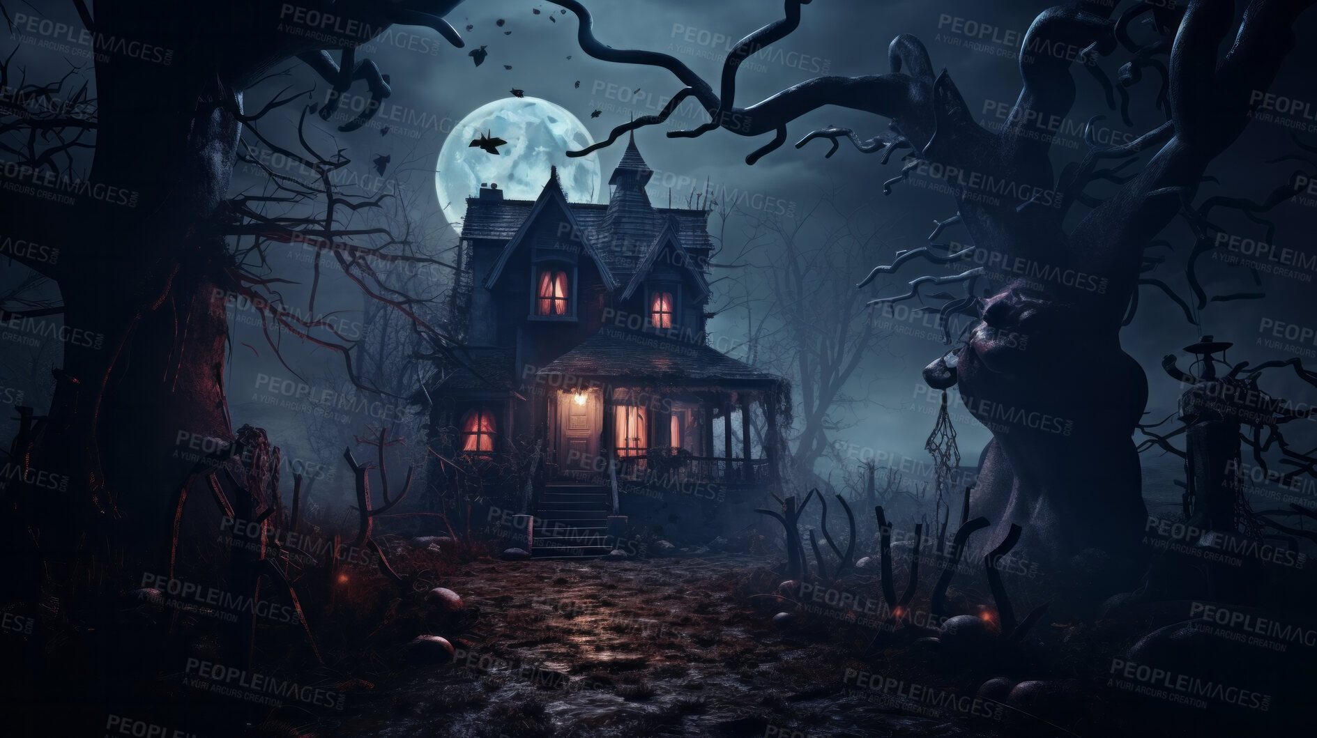 Buy stock photo Spooky halloween haunted home or village wallpaper or background for celebration