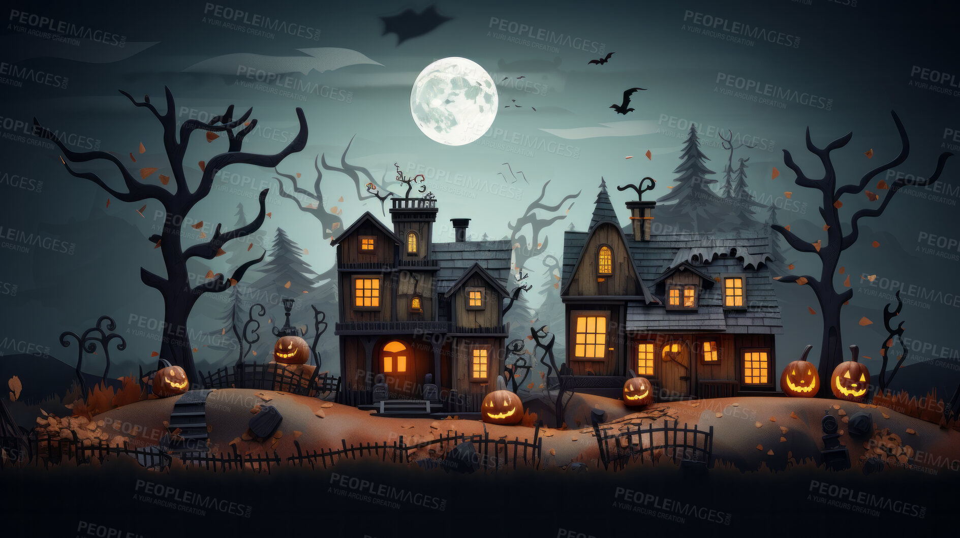 Buy stock photo Spooky halloween haunted home or village wallpaper or background for celebration