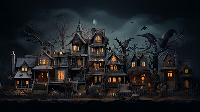 Buy stock photo Spooky halloween haunted home or village wallpaper or background for celebration
