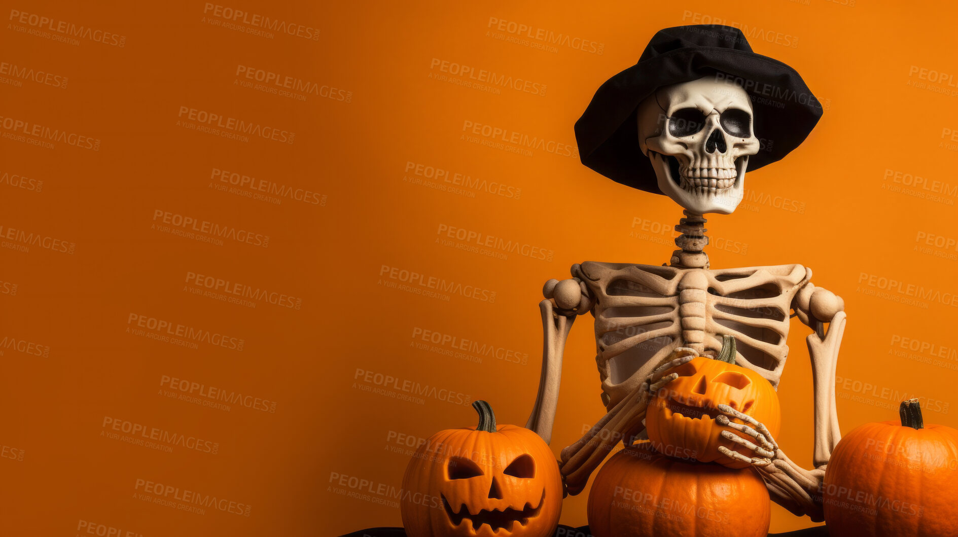 Buy stock photo Creepy skeleton render and carved pumpkins for halloween celebration against orange wall