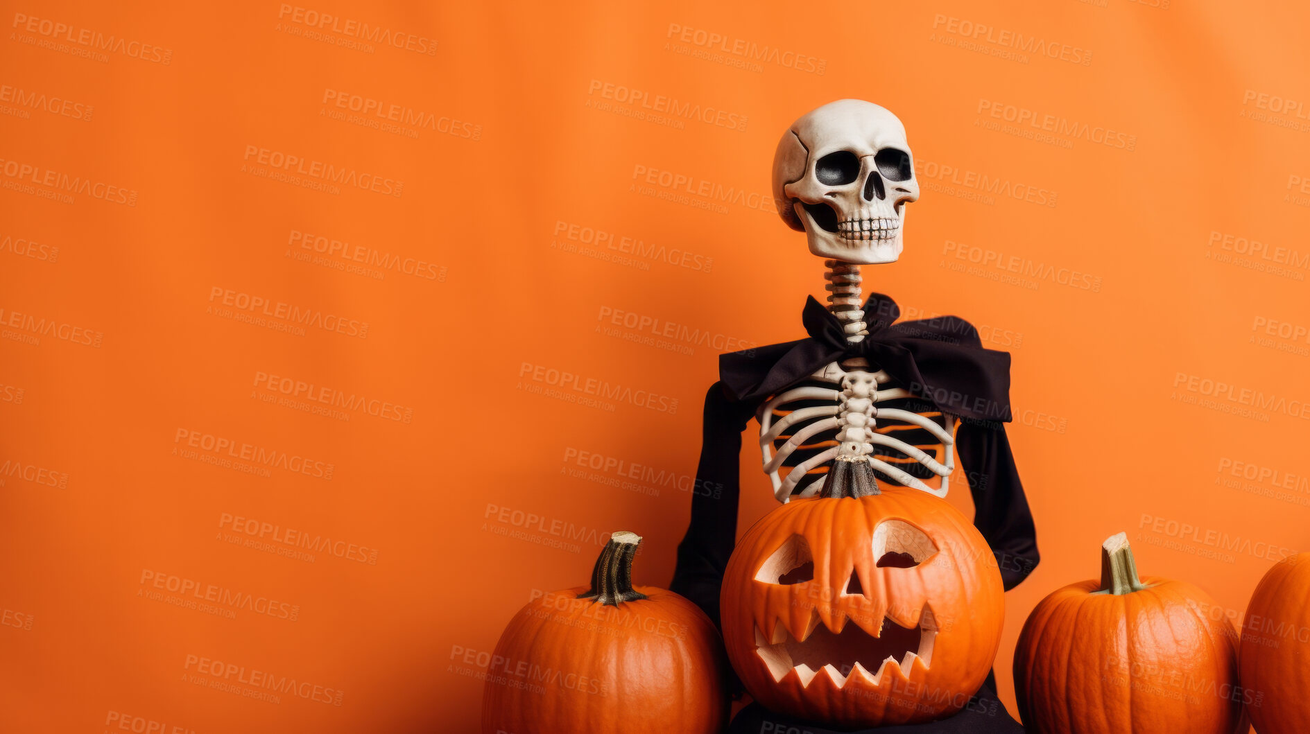 Buy stock photo Creepy skeleton render and carved pumpkins for halloween celebration against orange wall