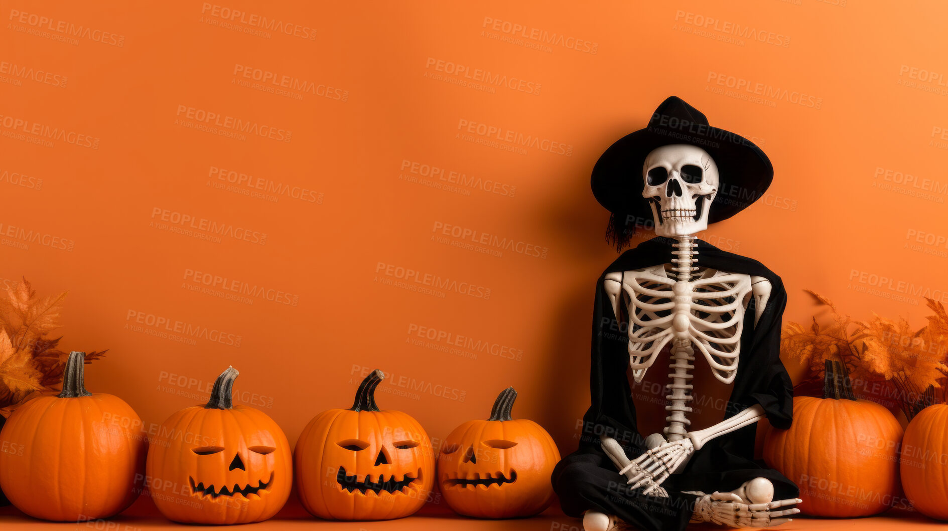 Buy stock photo Creepy skeleton render and carved pumpkins for halloween celebration against orange wall