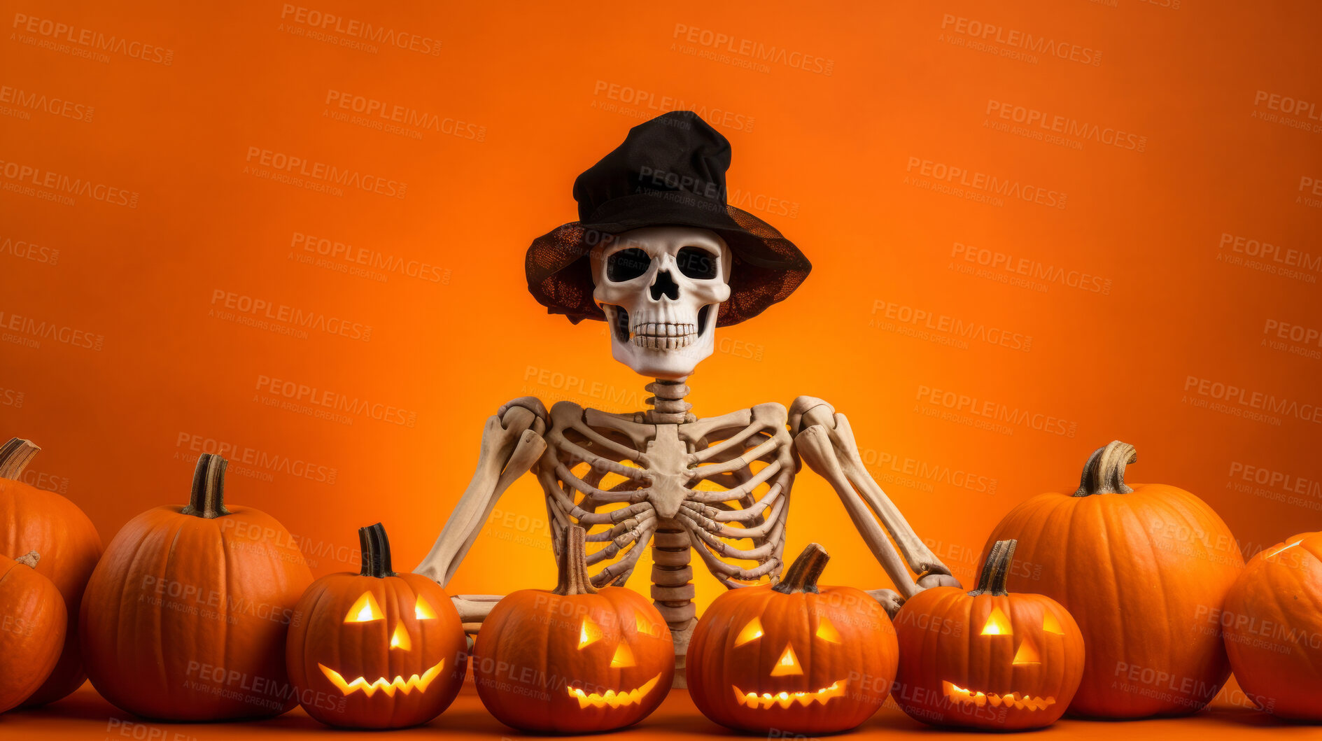 Buy stock photo Creepy skeleton render and carved pumpkins for halloween celebration against orange wall