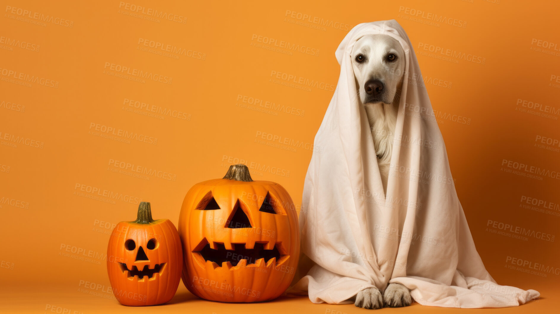 Buy stock photo Dog wearing a ghost costume, carved pumpkins for halloween celebration against orange wall