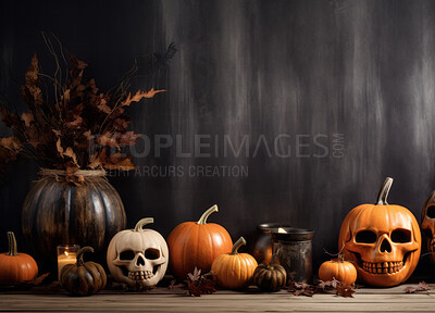 Buy stock photo Creepy and spooky halloween season decoration. Skull and pumpkin for occult or holiday