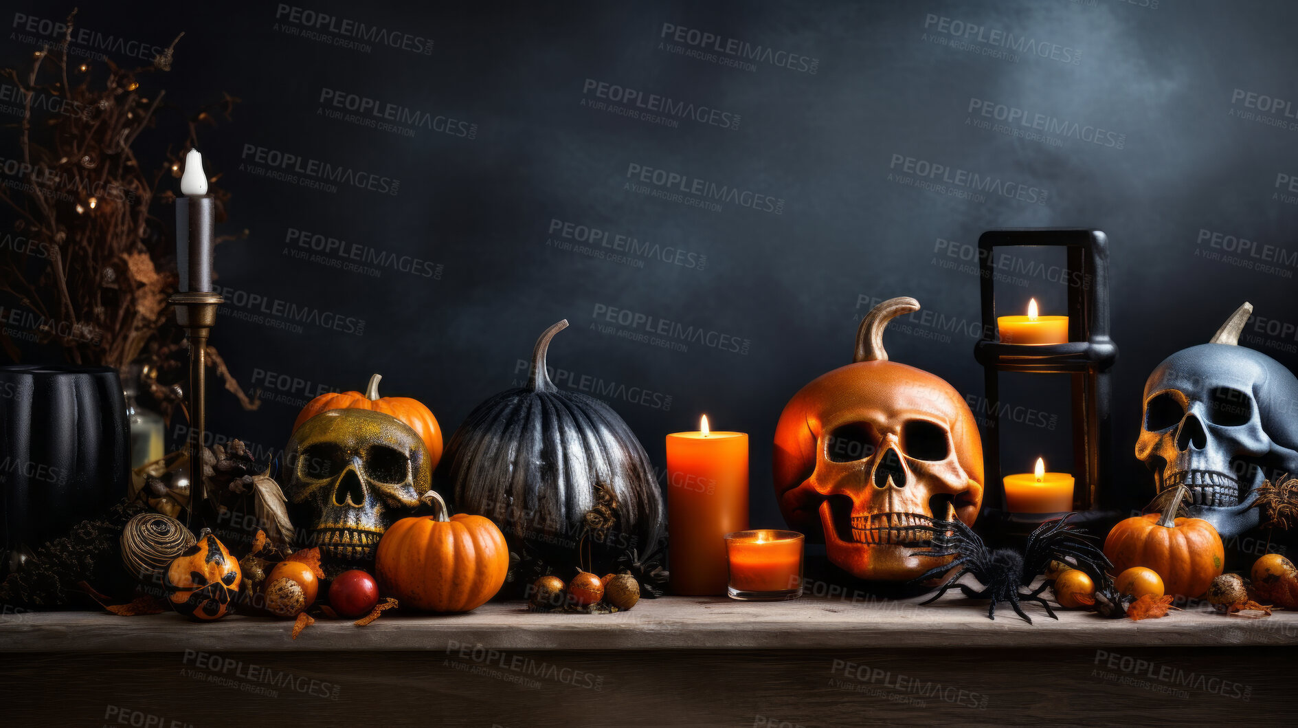 Buy stock photo Creepy and spooky halloween season decoration. Skull and pumpkin for occult or holiday