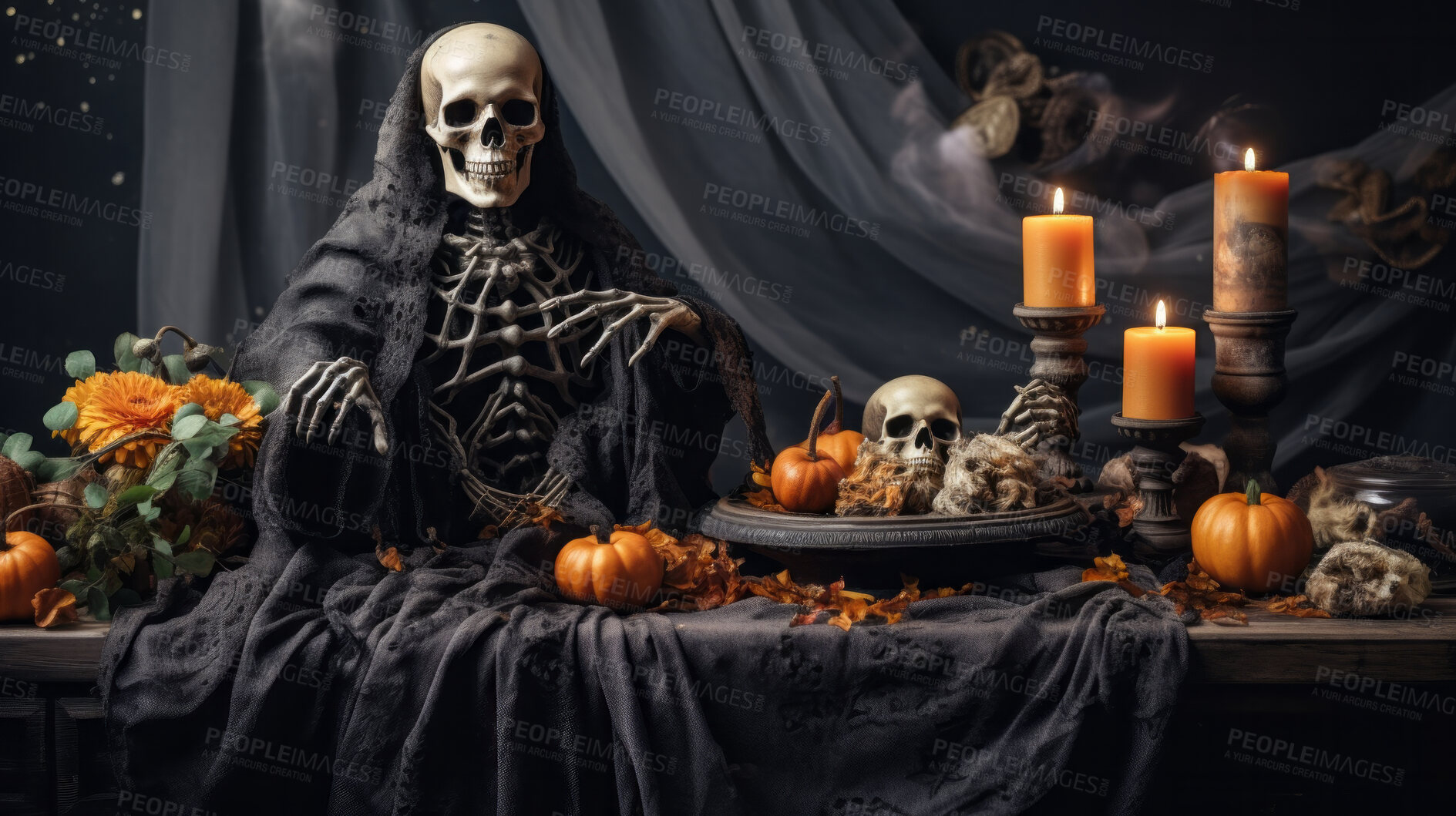 Buy stock photo Creepy and spooky halloween season decoration. Skull and pumpkin for occult or holiday