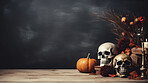 Creepy and spooky halloween season decoration. Skull and pumpkin for occult or holiday