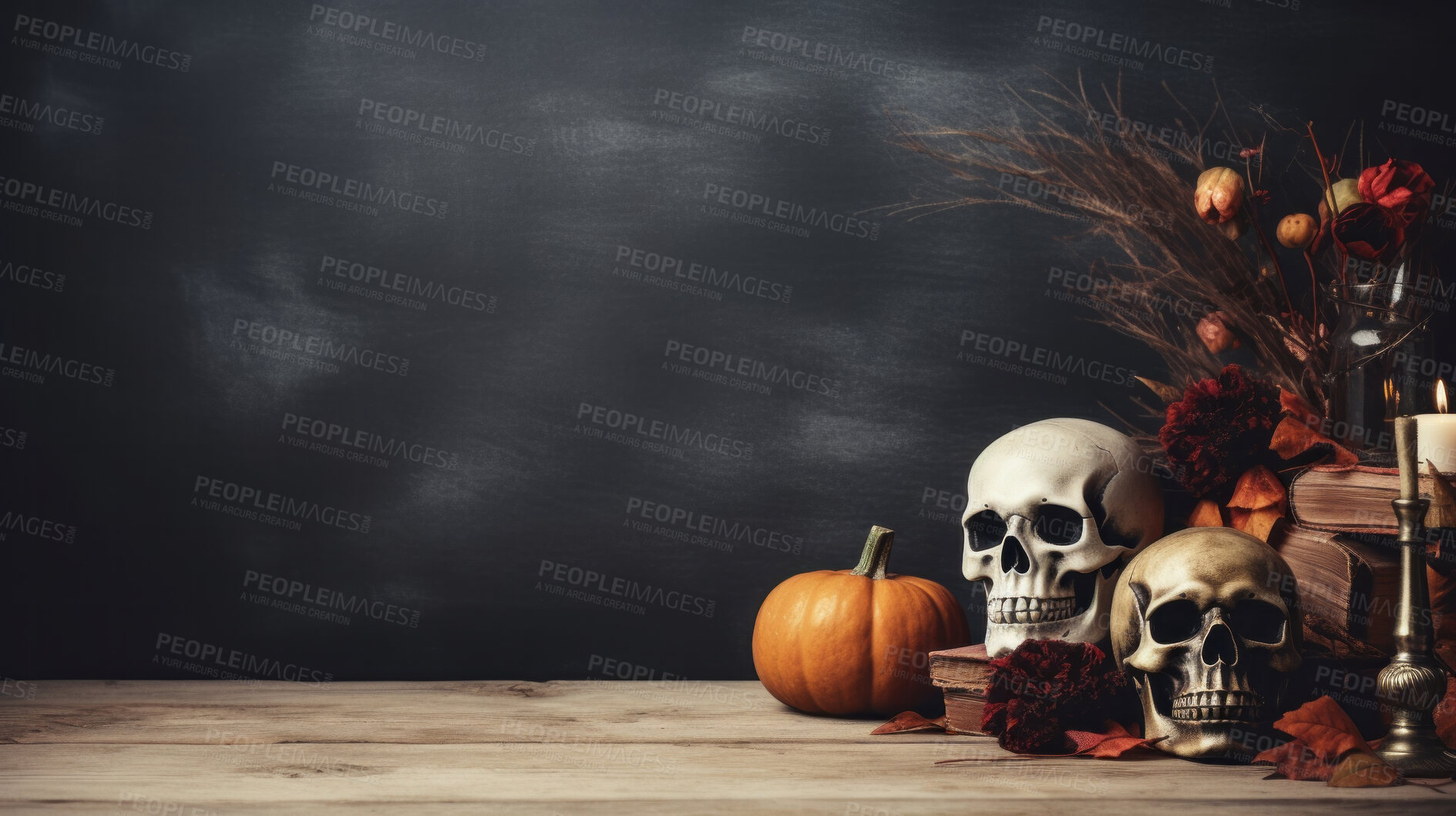 Buy stock photo Creepy and spooky halloween season decoration. Skull and pumpkin for occult or holiday
