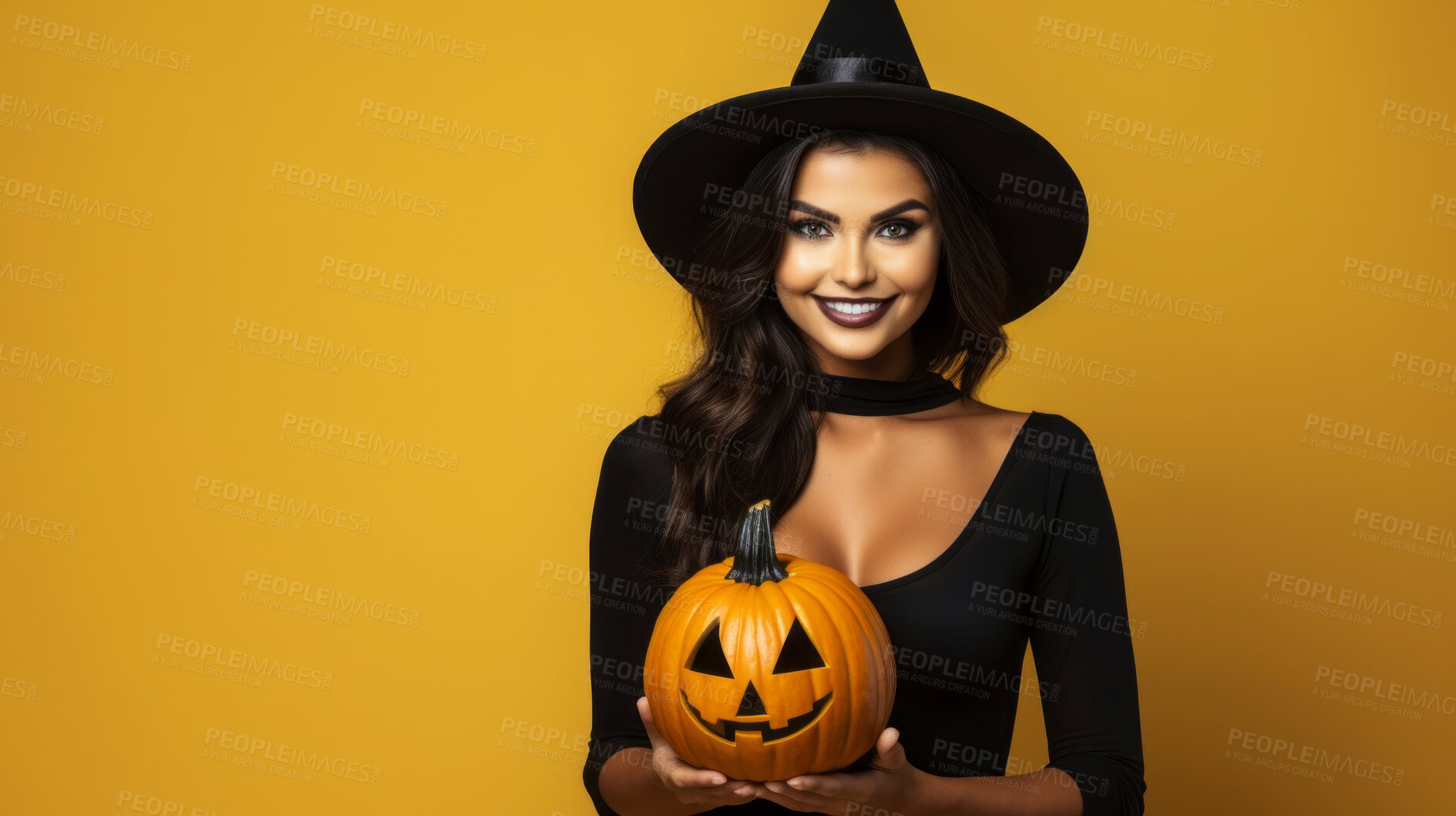 Buy stock photo Attractive woman wearing a witch costume and holding a pumpkin on orange background