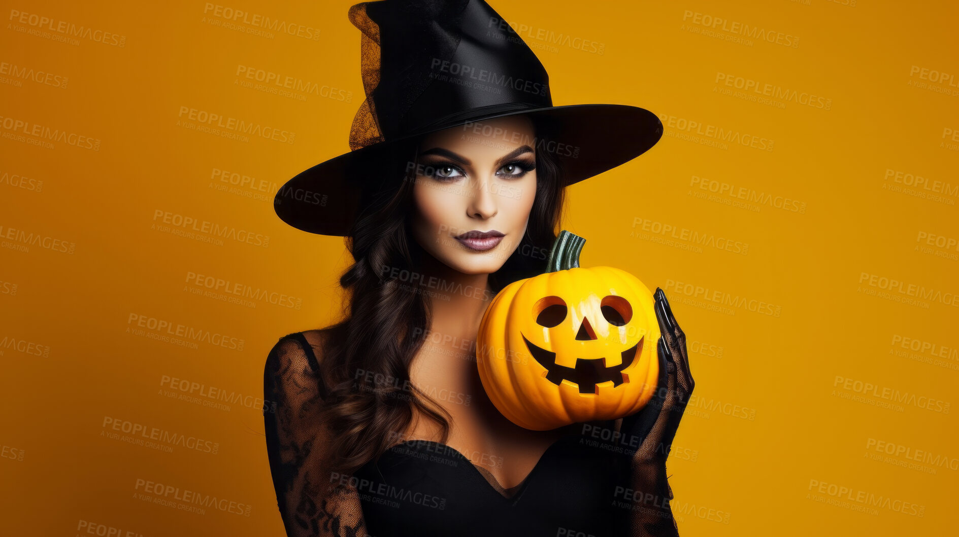 Buy stock photo Attractive woman wearing a witch costume and holding a pumpkin on orange background