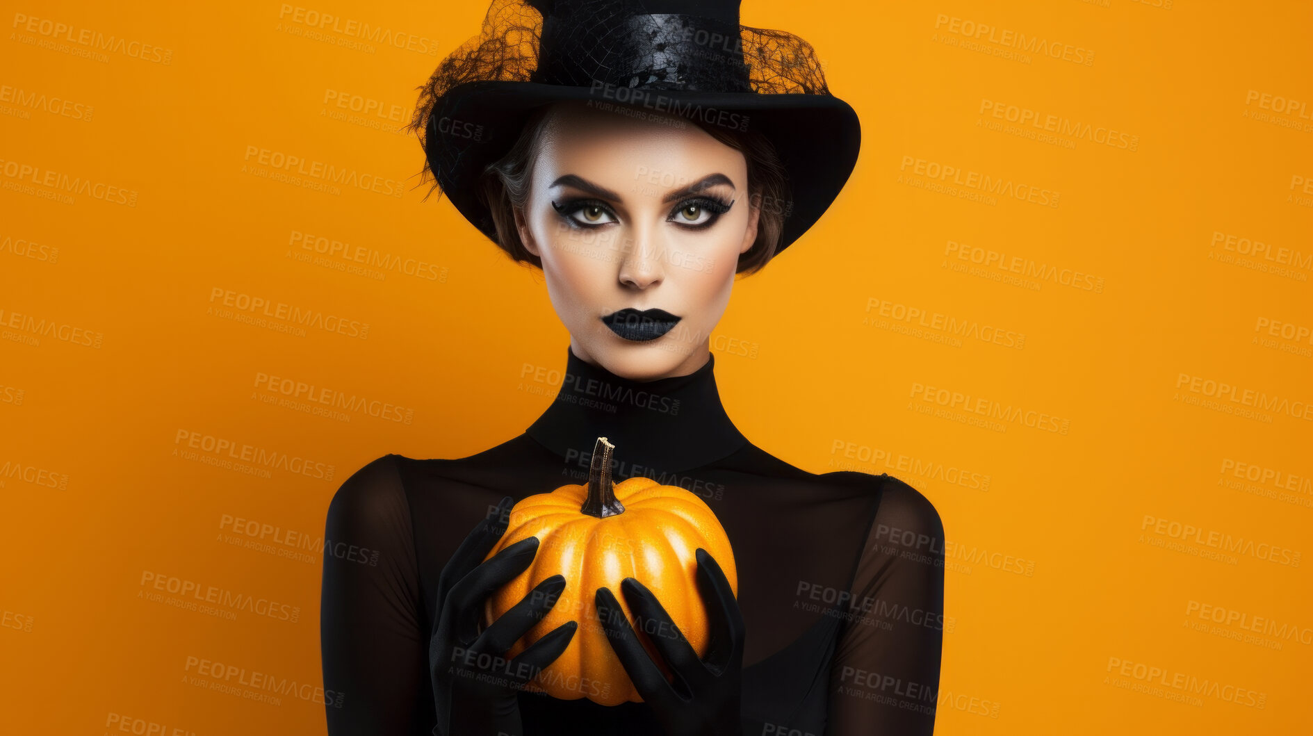 Buy stock photo Attractive woman wearing a witch costume and holding a pumpkin on orange background